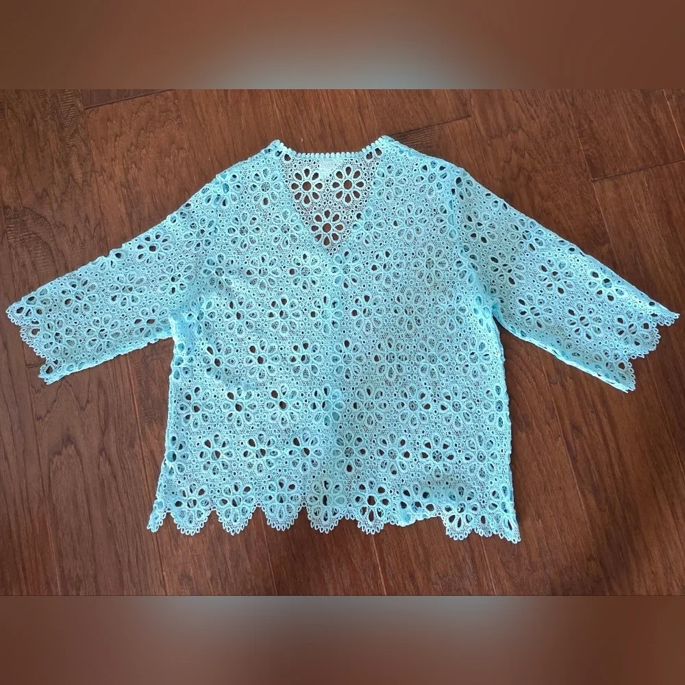 Blue Crochet Cardigan Lace  Women's Size P Large Aqua Blue Cottagecore Coquette - Picture 4 of 4